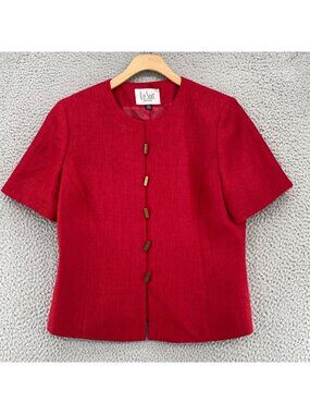 Le Suit Blazer Womens 10 Petite Red Short Sleeves Button Up Round Neck Jacket